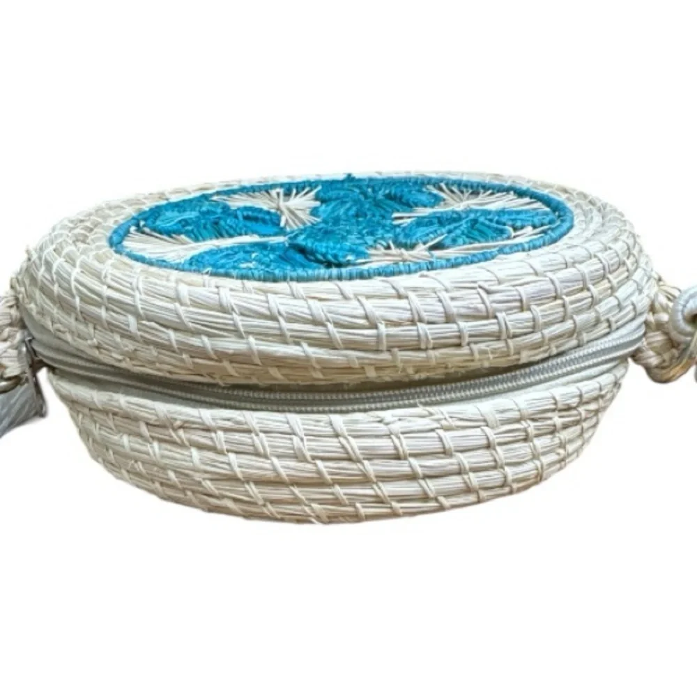 Boho Round Woven Crossbody Bag with Tassels | Teal Embroidery